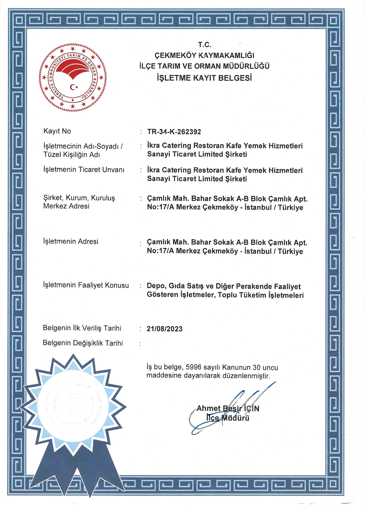 İşletme Kayıt Belgesi