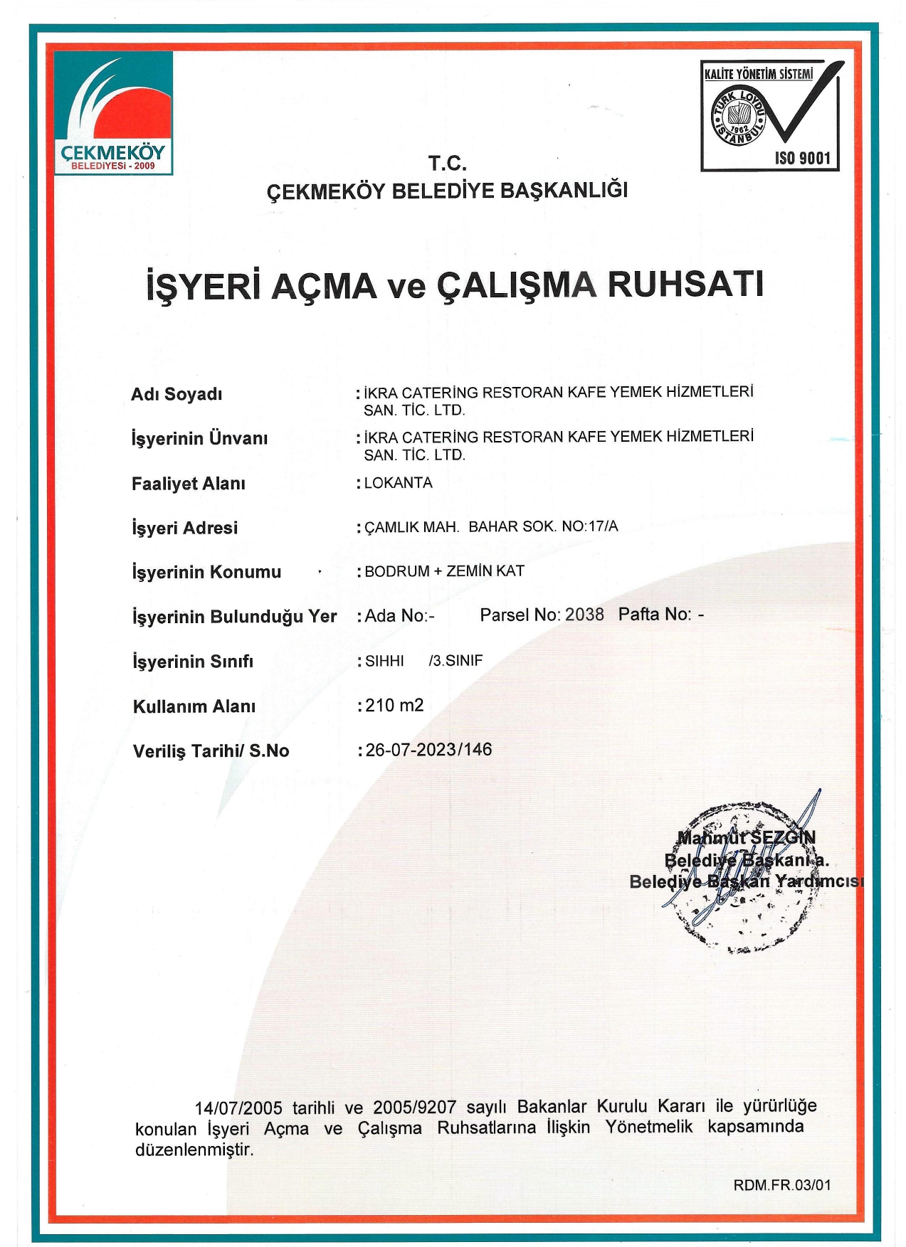 İşyeri Açma ve Çalışma Ruhsatı